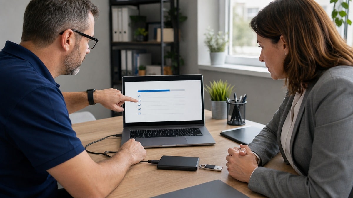 Technician verifying backup status before business computer repair