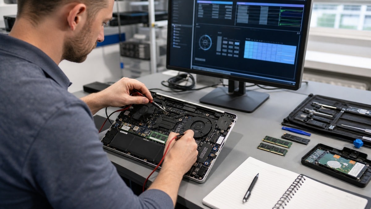 Technician diagnosing hardware inside an open business laptop