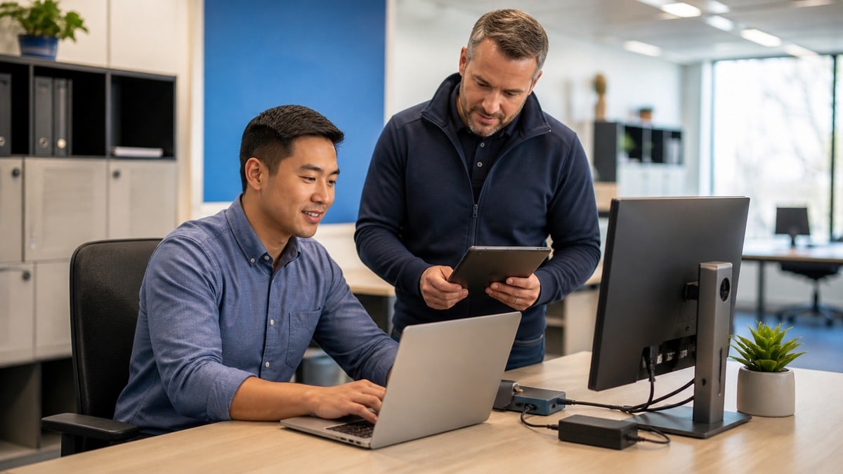 Employee testing repaired laptop while technician confirms handoff