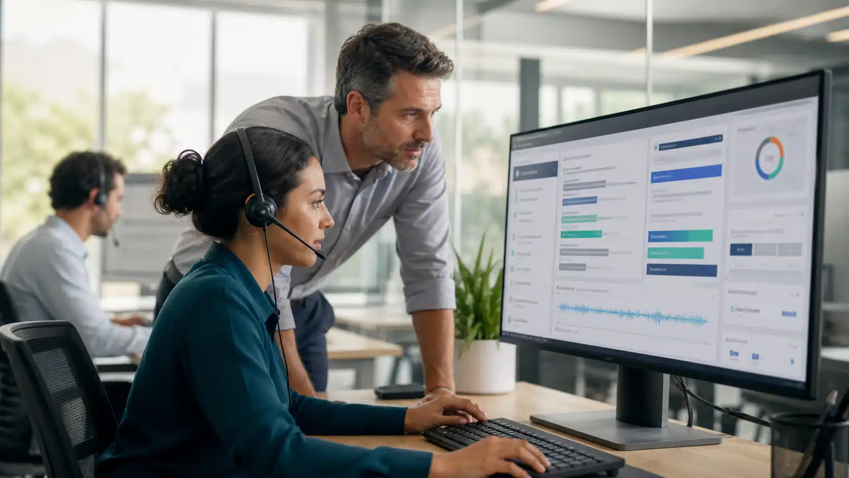 Customer support specialist and team lead reviewing live call assistance and escalation status