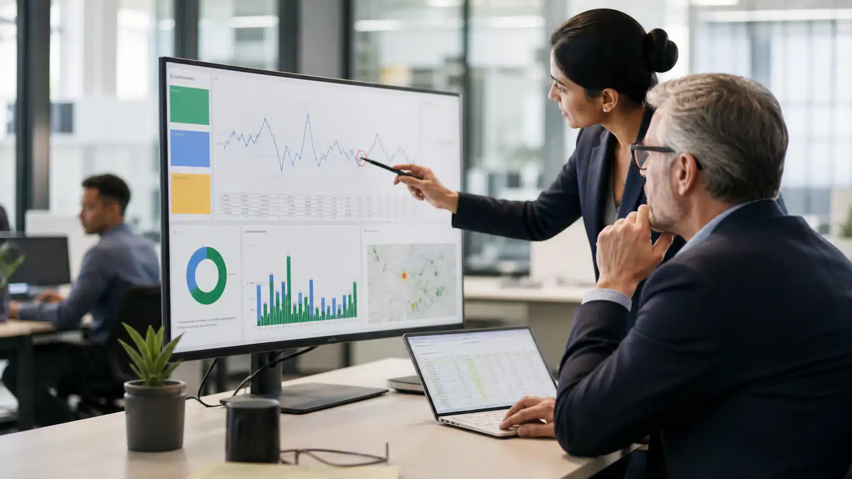 Analyst and business leader reviewing operational dashboards and underlying source data