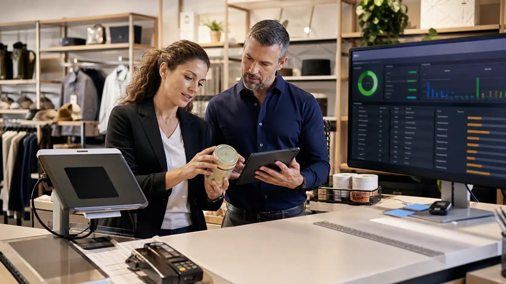 Retail operations team comparing a physical product with point of sale and inventory records