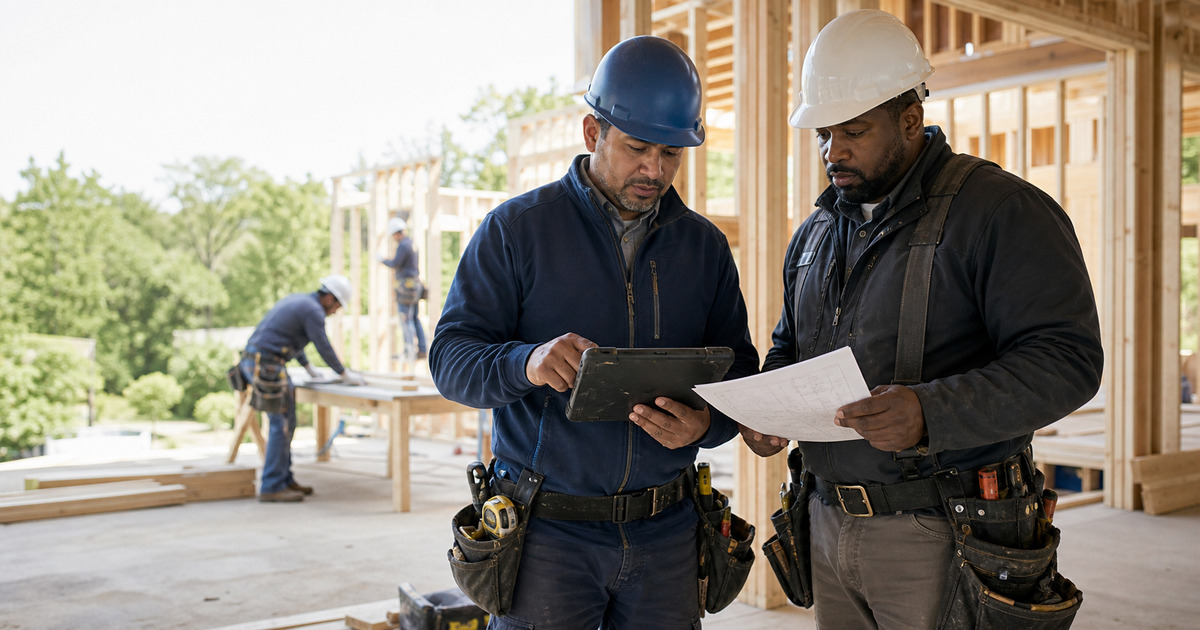 Buildertrend project manager and superintendent reviewing a tablet and plans inside a framed house