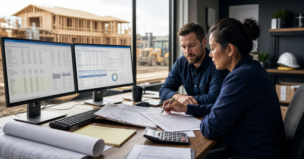 Construction controller and project manager comparing Buildertrend job costs with accounting records