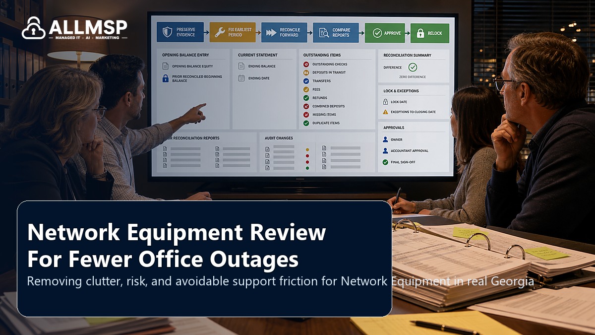 Network Equipment cleanup checklist for Georgia businesses: equipment inventory, labeling, firmware, monitoring, lifecycle planning, and support documentation