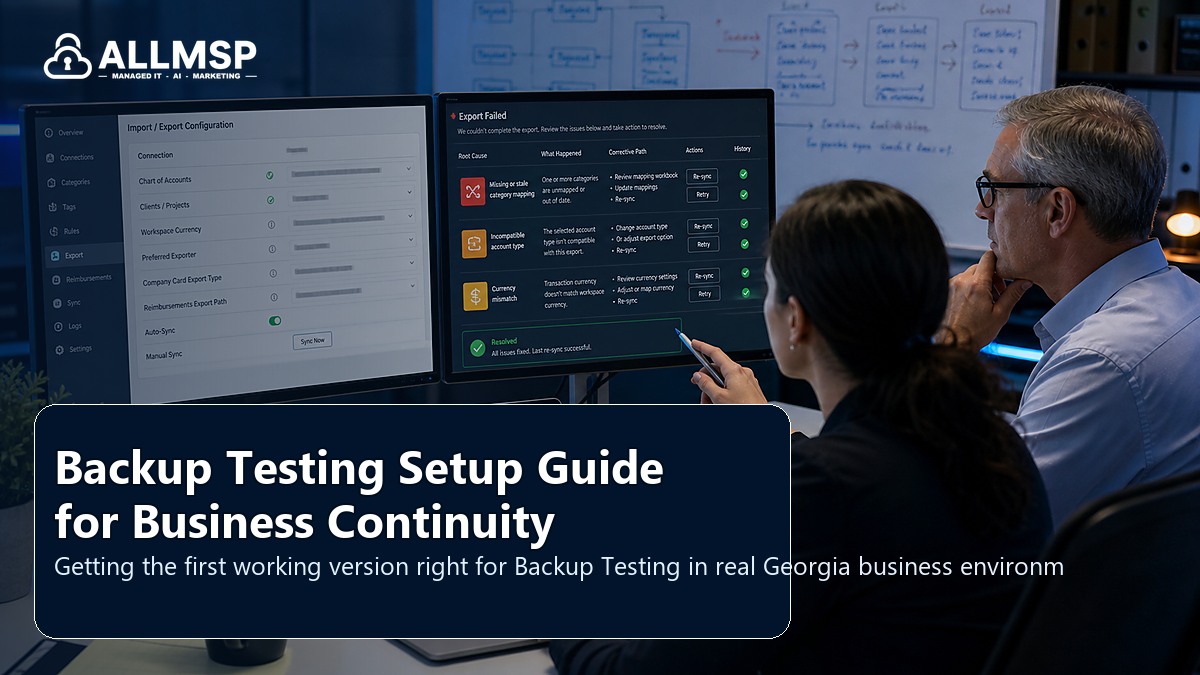 Backup Testing setup guide for Georgia businesses: backup scope, restore testing, retention settings, ransomware scenarios, and recovery roles