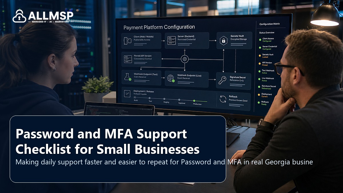Password and MFA support checklist for Georgia businesses: account hardening, alert routing, endpoint health, training, patch cadence, and response playbooks