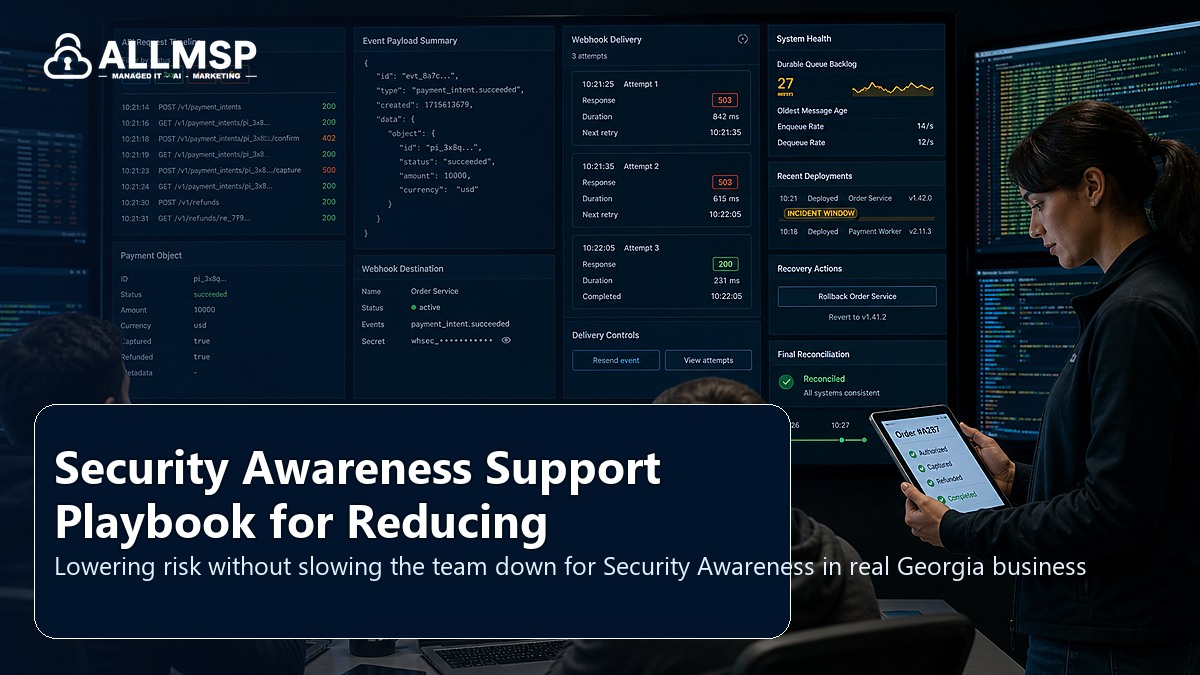 Security Awareness security and support playbook for Georgia businesses: account hardening, alert routing, endpoint health, training, patch cadence, and response playbooks