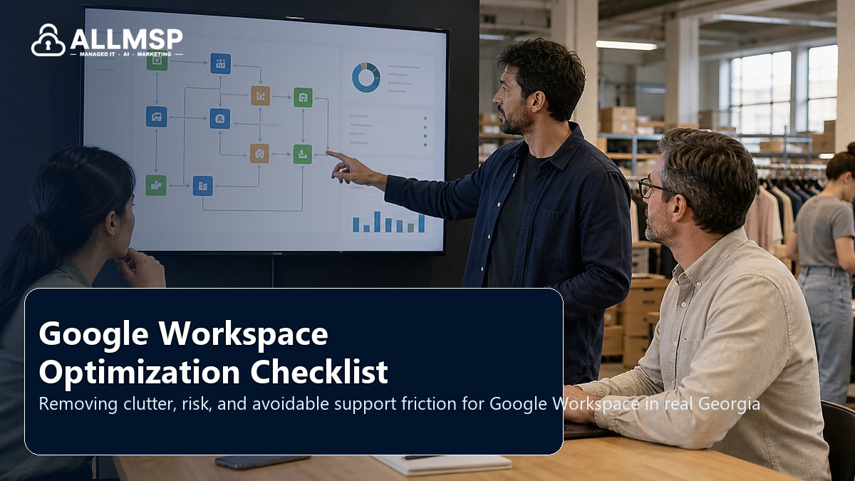 Google Workspace cleanup checklist for Georgia businesses: shared drive ownership, 2-Step Verification, Gmail routing, app access, and migration cleanup