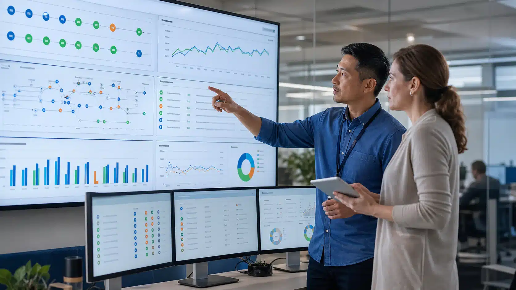 Managed AI team reviewing workflow health, data quality, service demand, and improvement priorities