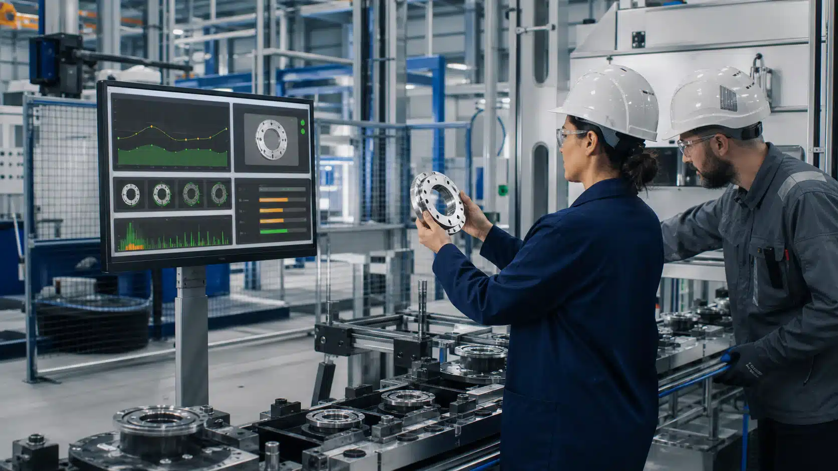 Manufacturing engineer and technician reviewing AI quality inspection and machine condition data