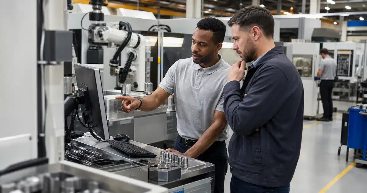 Manufacturing operations manager and automation engineer reviewing a production system on a factory floor