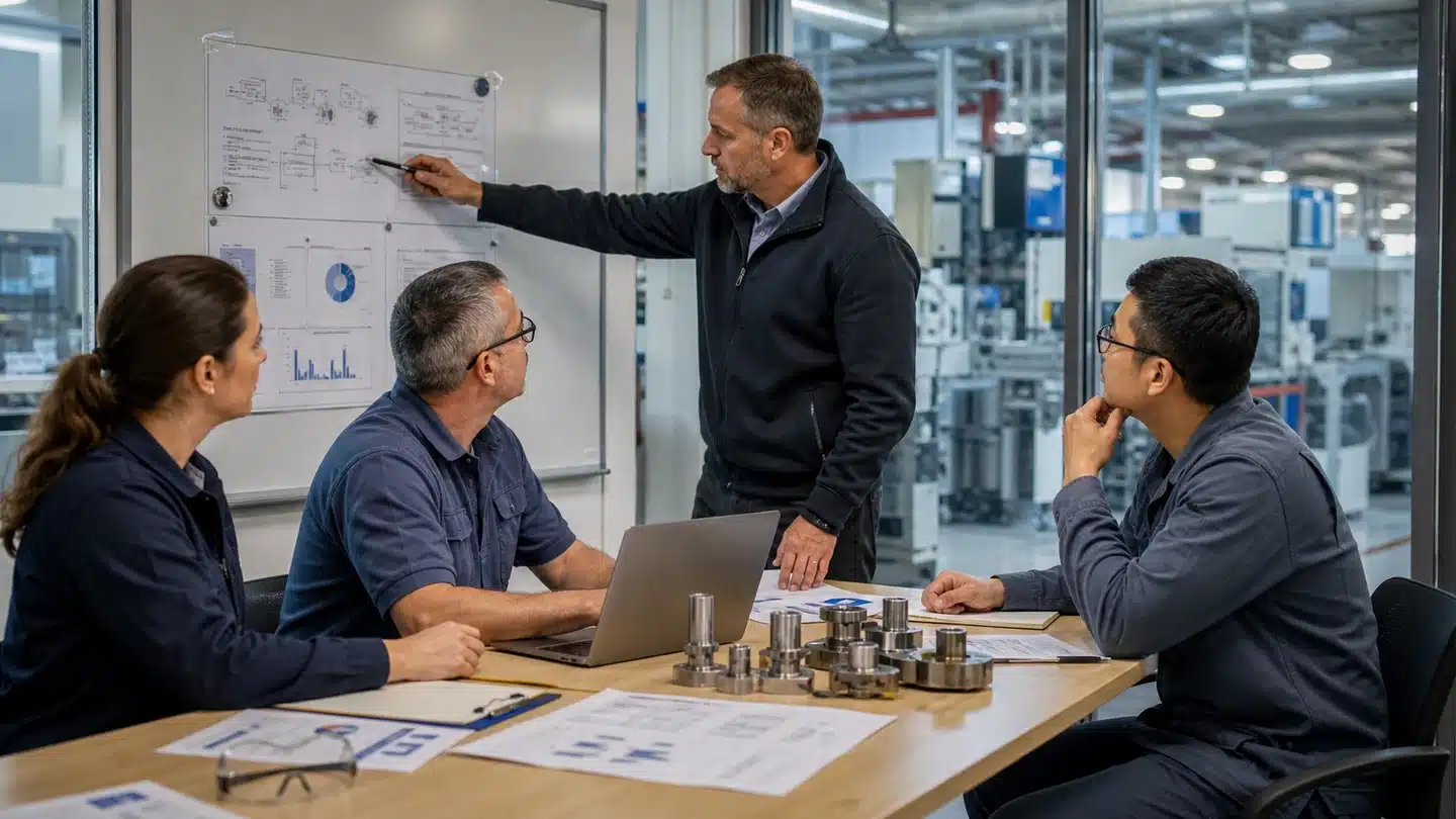 Manufacturing leaders choosing and planning a practical AI pilot beside the production floor
