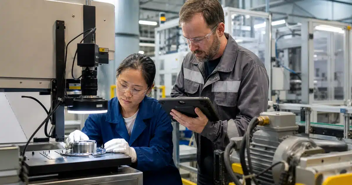 Quality engineer and maintenance technician reviewing inspection and equipment condition on a manufacturing line