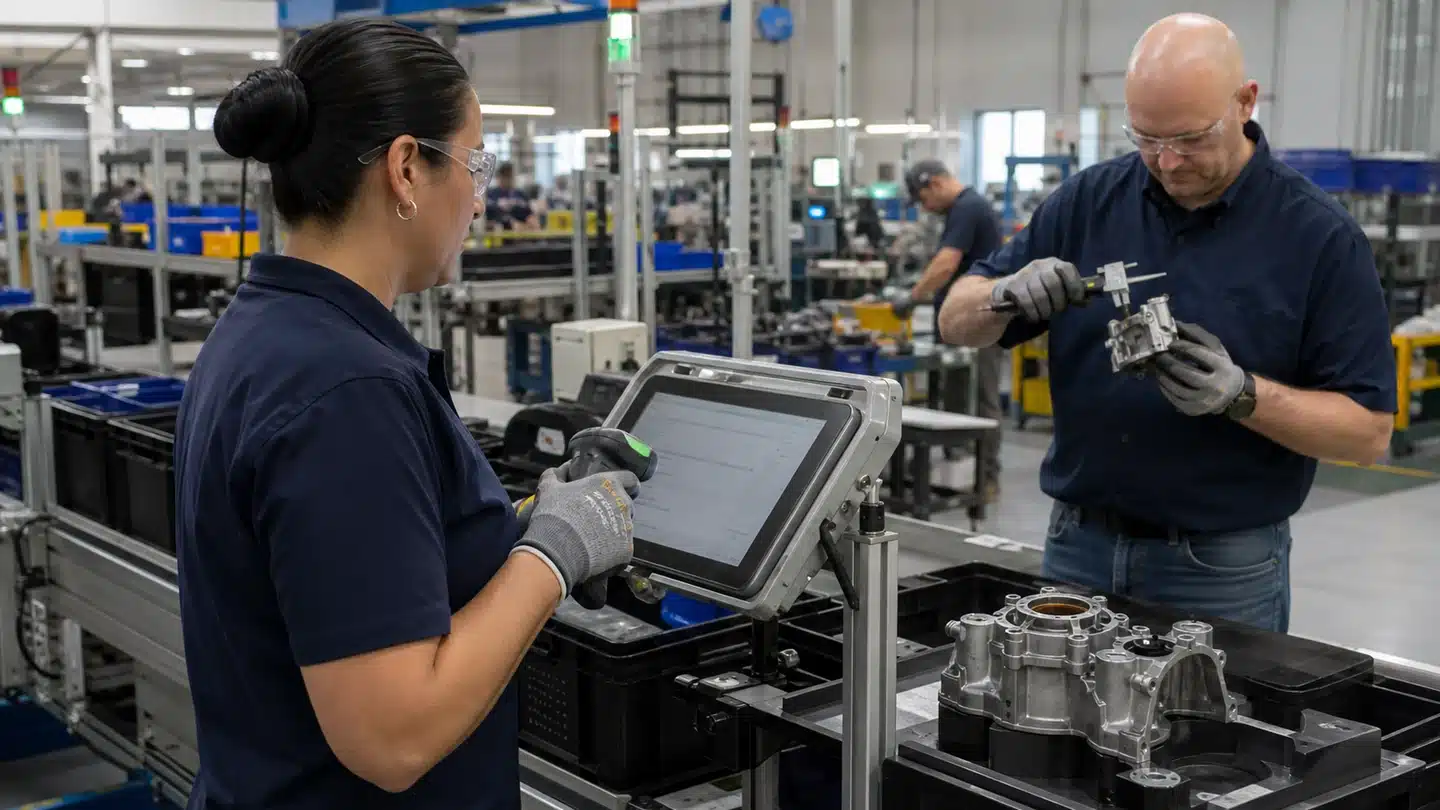 Production operator and quality technician capturing part and inspection data at the manufacturing source