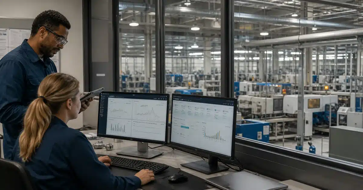 Manufacturing systems engineers reviewing production and quality data above an active factory floor