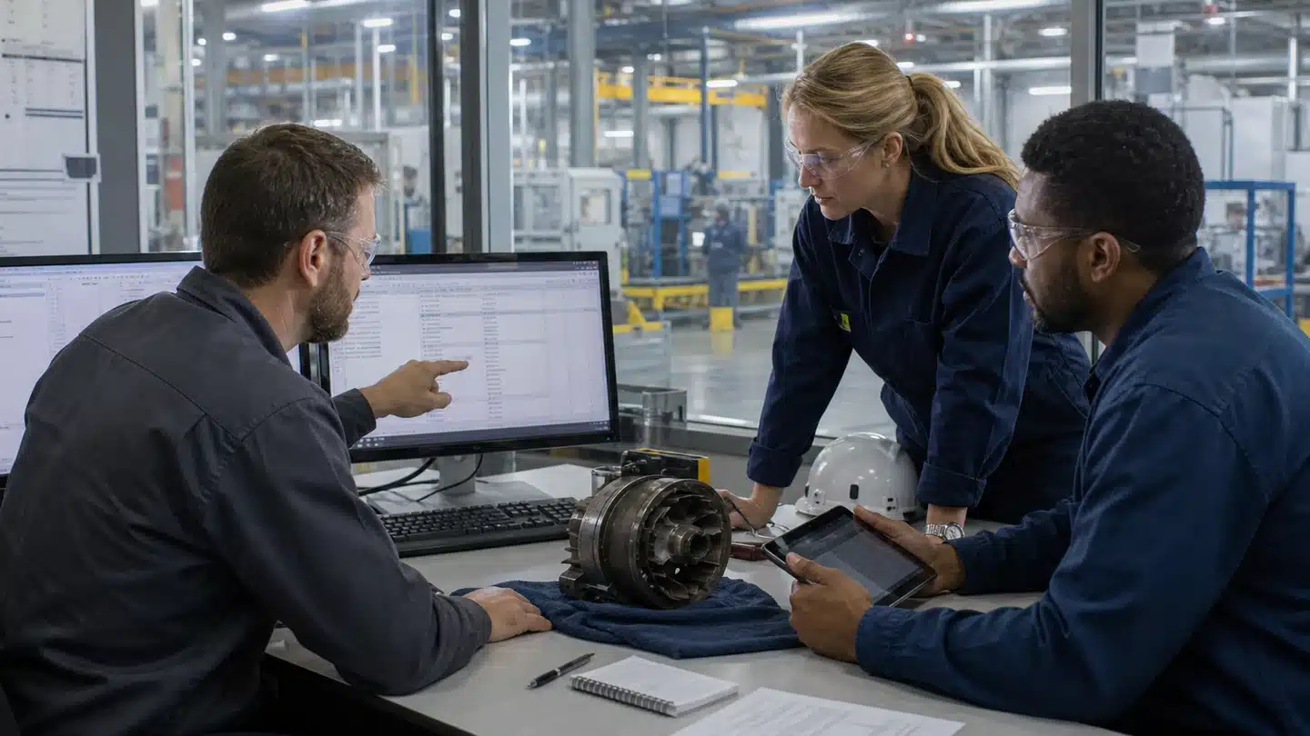 Manufacturing team validating equipment history and work order data before an AI project
