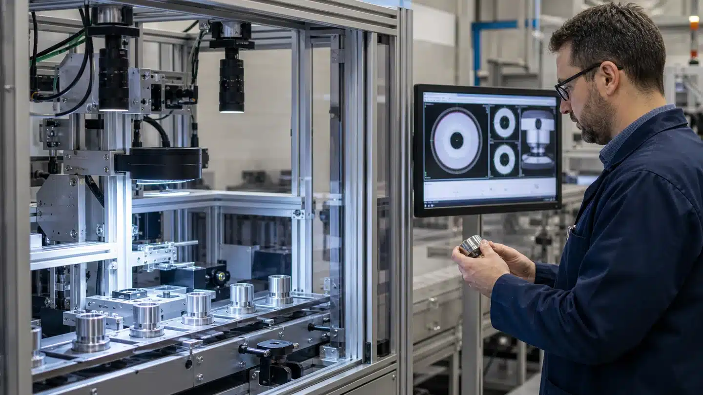 Machine vision inspection cell checking precision manufactured components with quality review