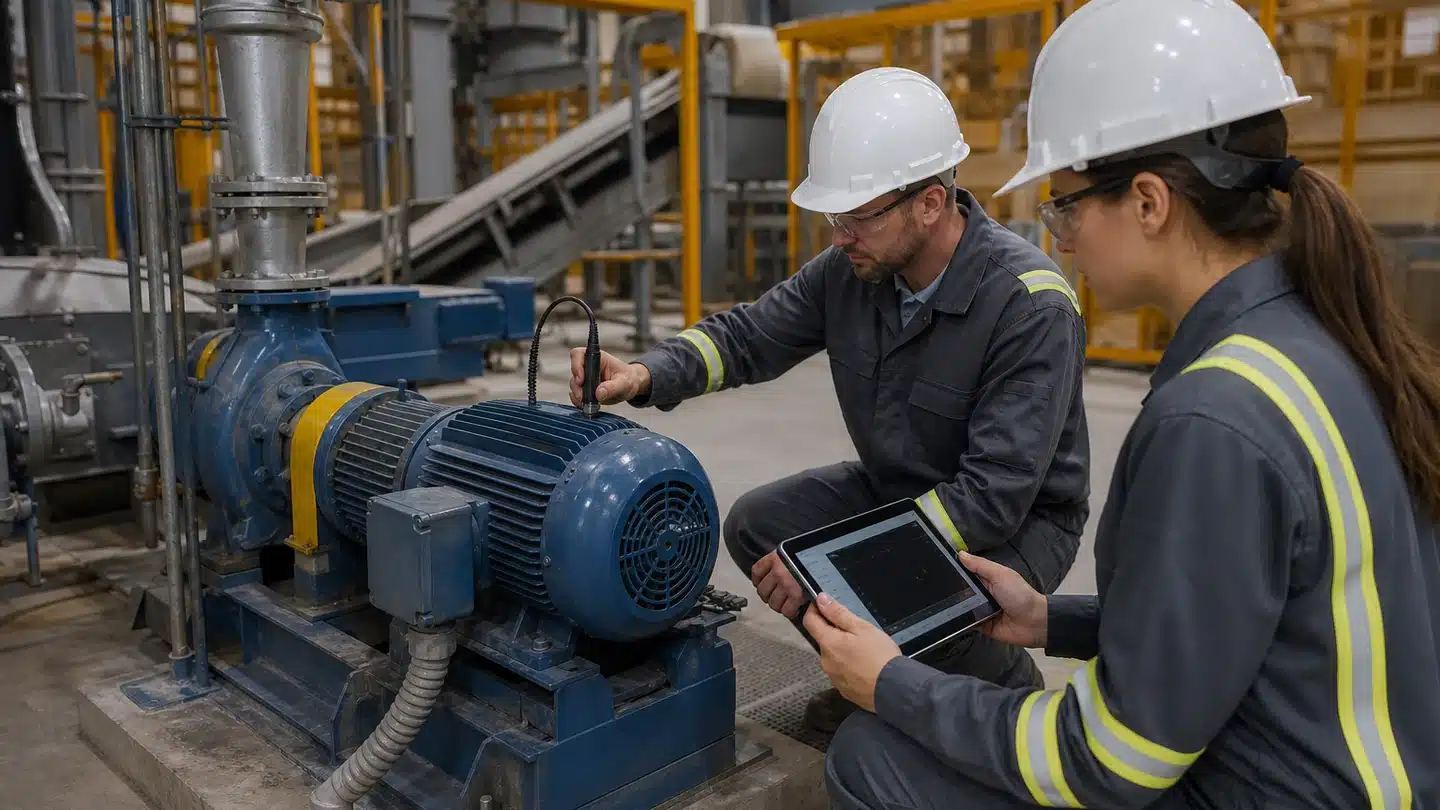 Maintenance and reliability team collecting vibration data from an industrial motor