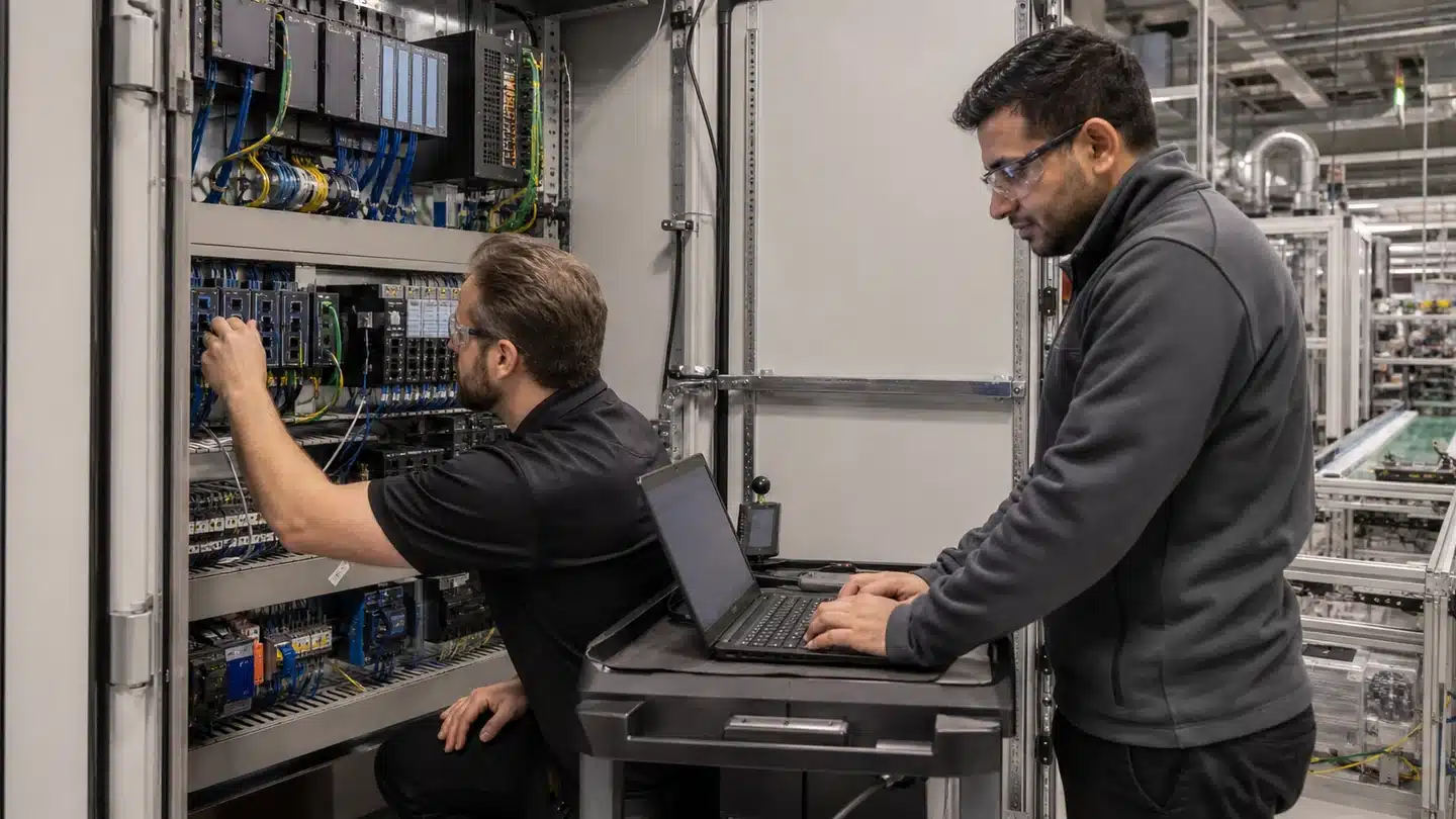 Automation and IT engineers connecting industrial controls and edge computing for manufacturing AI