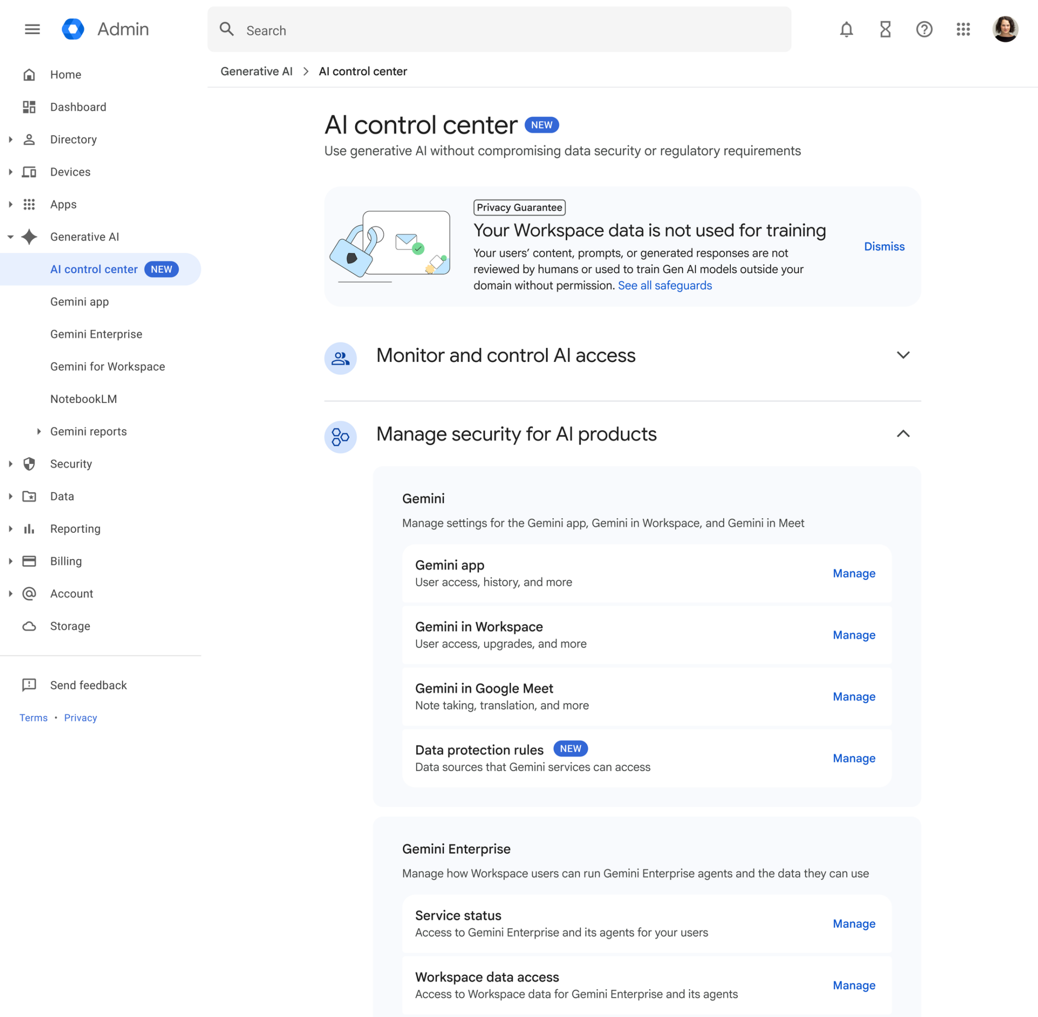 Google Workspace Admin AI control center for Gemini governance and security
