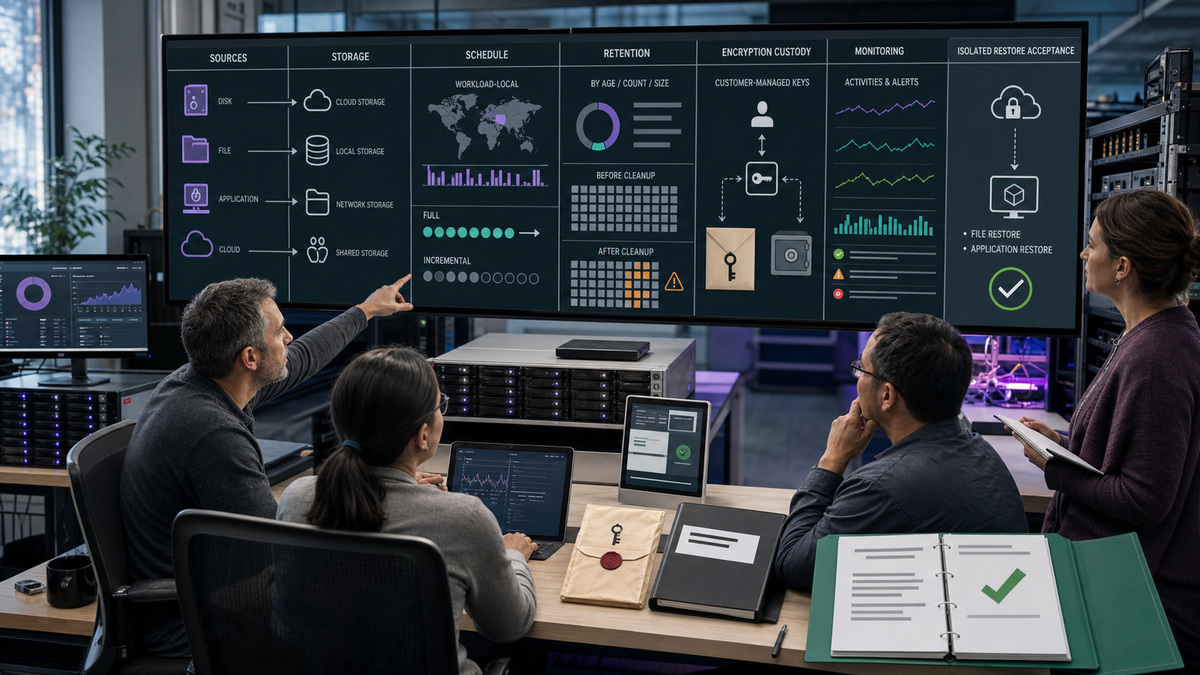 Acronis support workflow: Configure Backup Source, Storage, Schedule, Retention, and Encryption as One Design