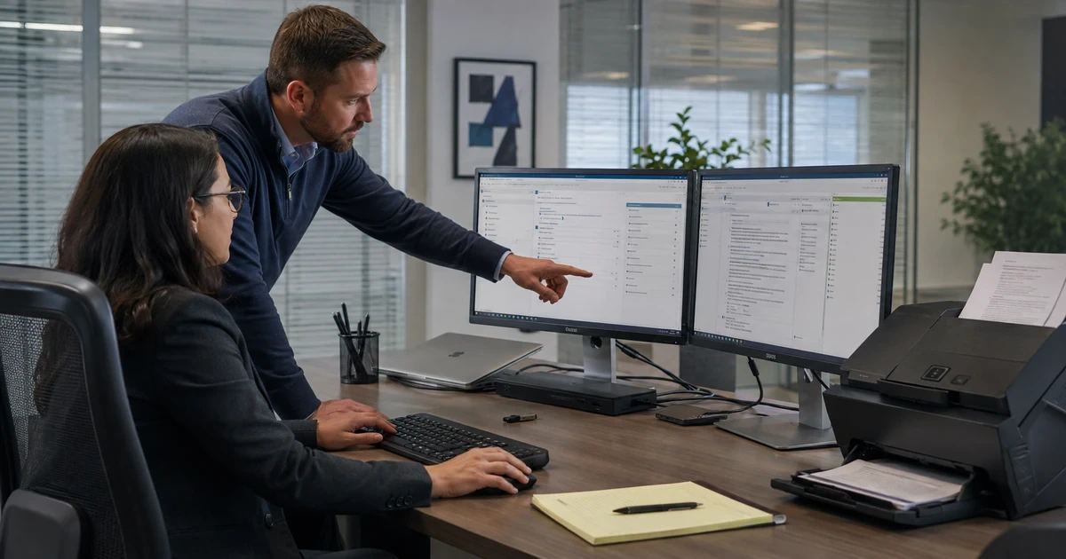 Accounting professional and in-house IT specialist preparing a secure dual-monitor workstation before tax season