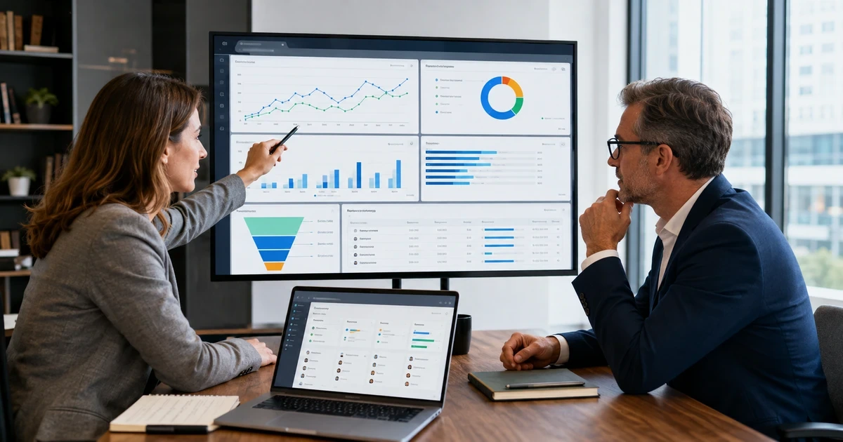 Accounting firm marketing lead and senior adviser reviewing campaign performance and qualified lead attribution