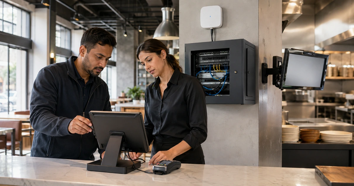 IT technician and restaurant manager testing a point-of-sale terminal beside a managed network cabinet