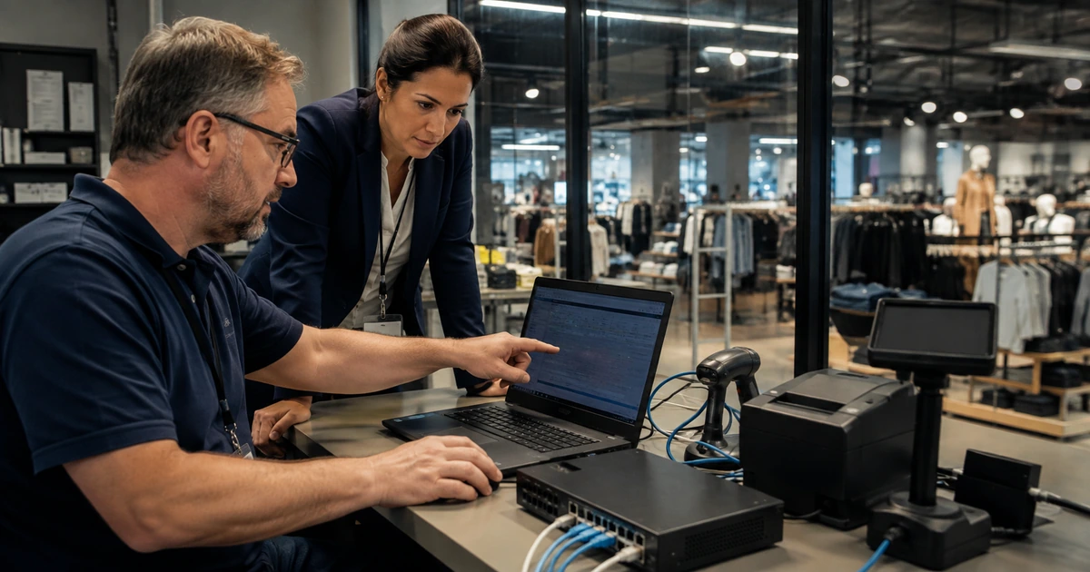 IT specialist and retail operations manager diagnosing point-of-sale and network equipment in a store back office