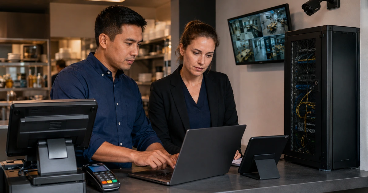 Security engineer and operations manager reviewing payment, camera, point-of-sale, and network systems