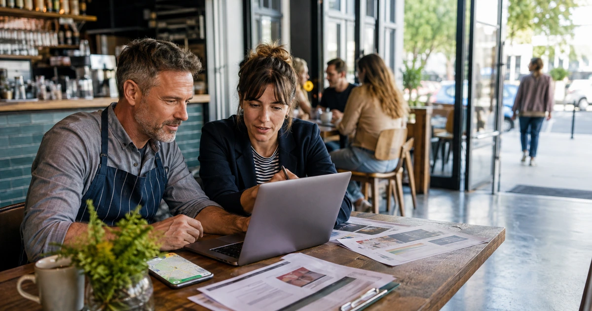 Restaurant owner and marketing specialist reviewing local campaigns, ordering data, and location information
