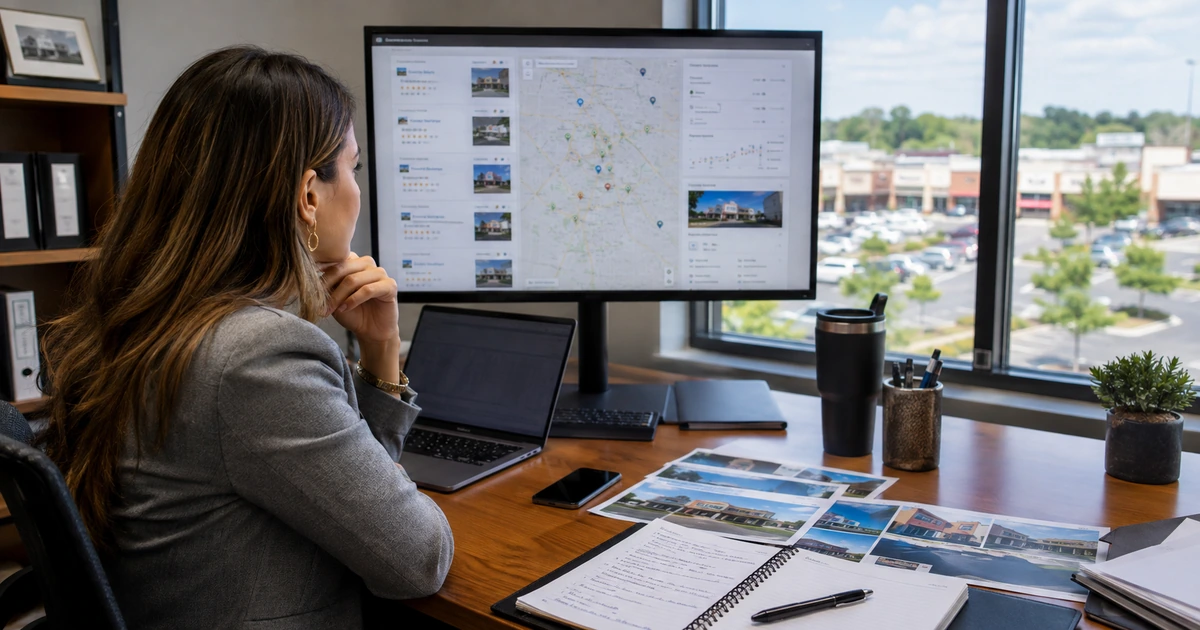 Marketing manager reviewing map listings, location photos, reviews, and search performance for multiple stores