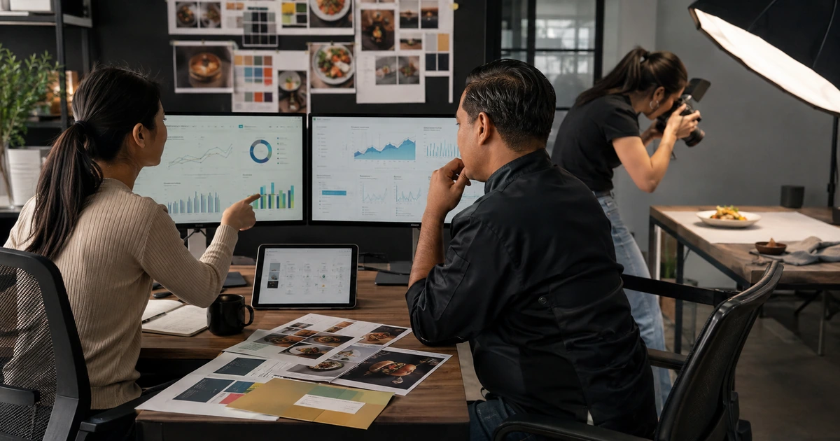 Marketing specialist and restaurant manager reviewing campaign data while a photographer creates menu content