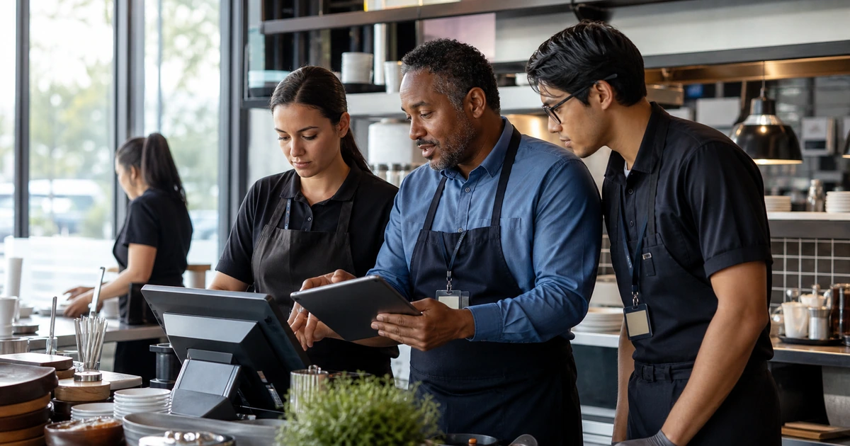 Restaurant manager training new employees on a tablet and point-of-sale workflow before opening