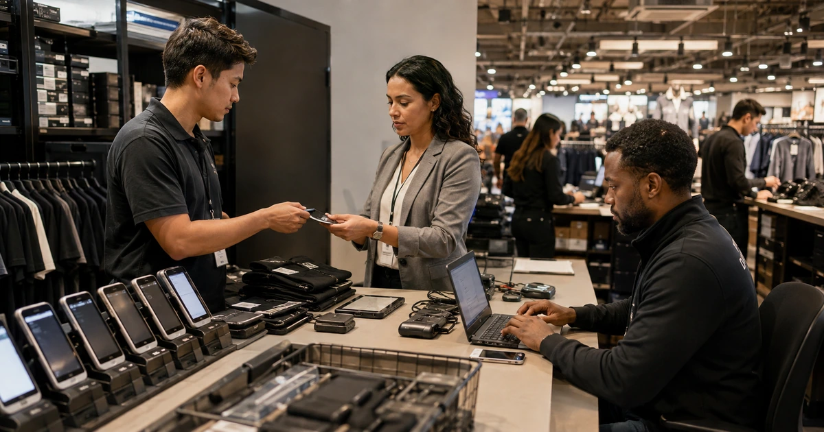 Retail manager issuing a badge while an administrator configures employee devices and system access