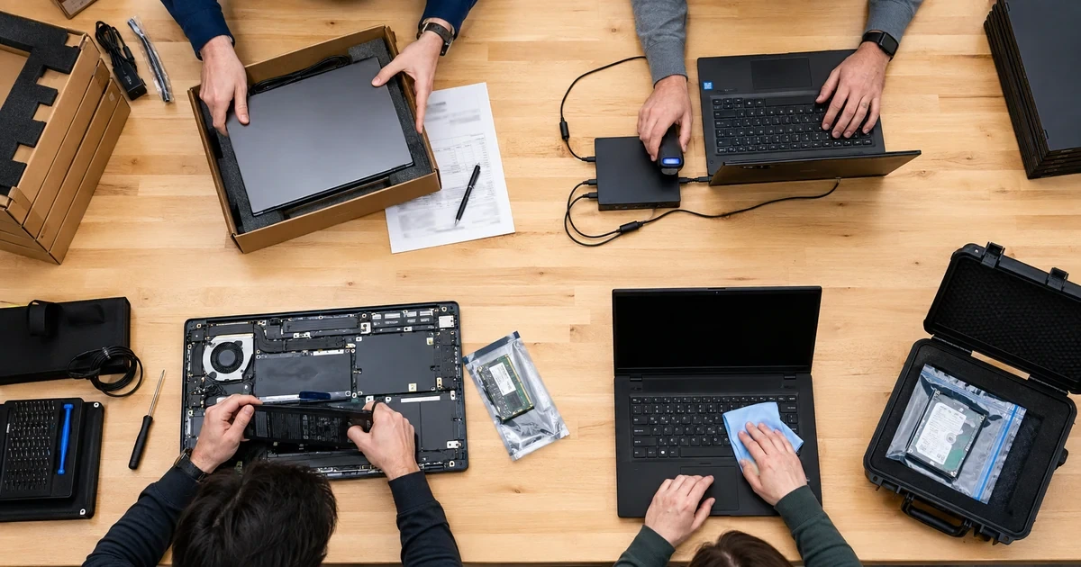 Overhead view of business laptops being purchased configured repaired and prepared for secure retirement