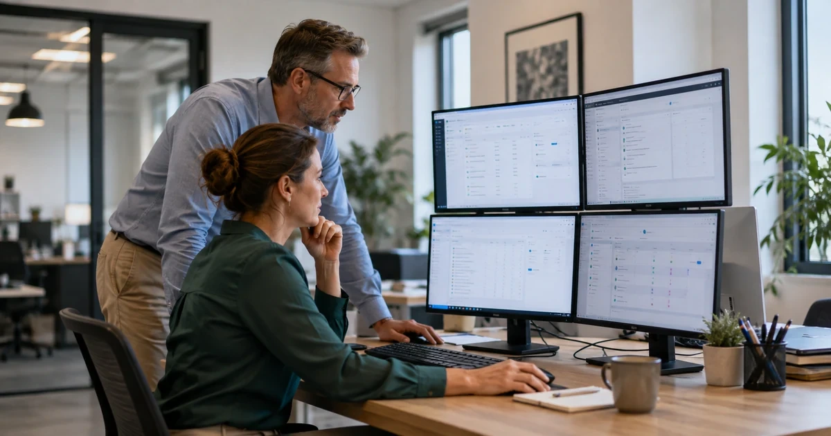 A business operations manager and IT specialist supporting a connected line-of-business application stack across CRM, accounting, inventory, and scheduling screens in a working office