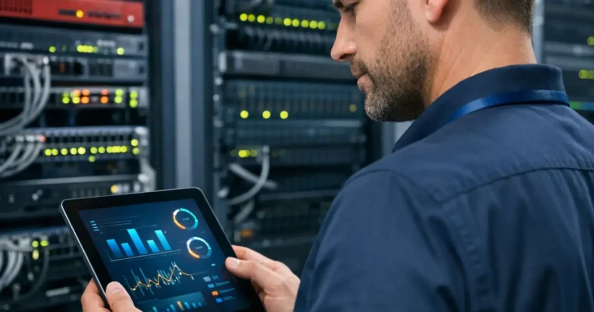Network engineer reviewing live infrastructure health and performance data in a business server room