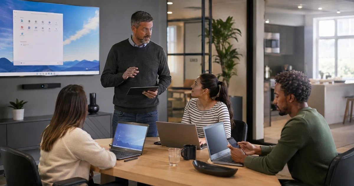 An IT administrator leading a staged Microsoft 365 rollout while employees validate Outlook, Teams, files, and mobile sign-in on real office devices