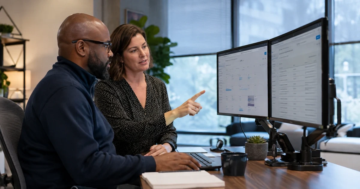 A service desk lead and Microsoft 365 administrator reviewing service health, a change calendar, and active support cases on two monitors