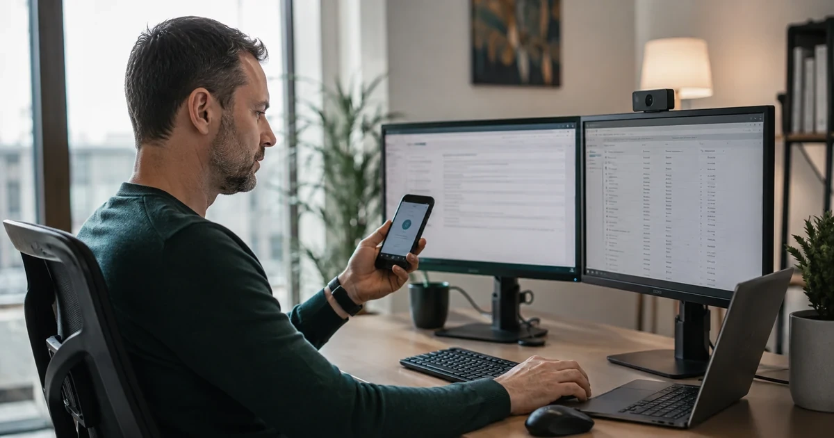 A security administrator reviewing Microsoft 365 privileged roles, audit evidence, recovery accounts, and a multifactor approval on a phone