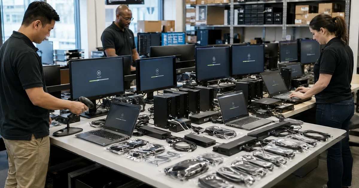 IT technicians staging business laptops desktops monitors docks and accessories with standardized system builds