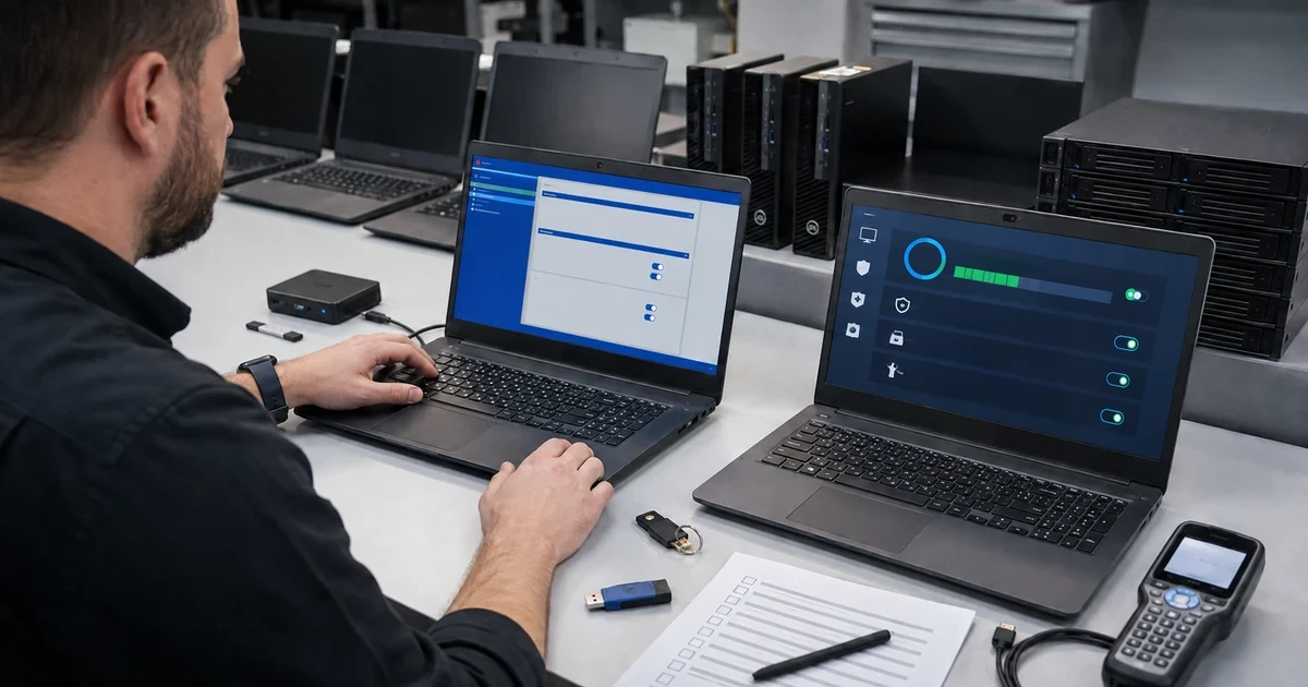 IT technician validating firmware settings drive encryption and security controls on business laptops