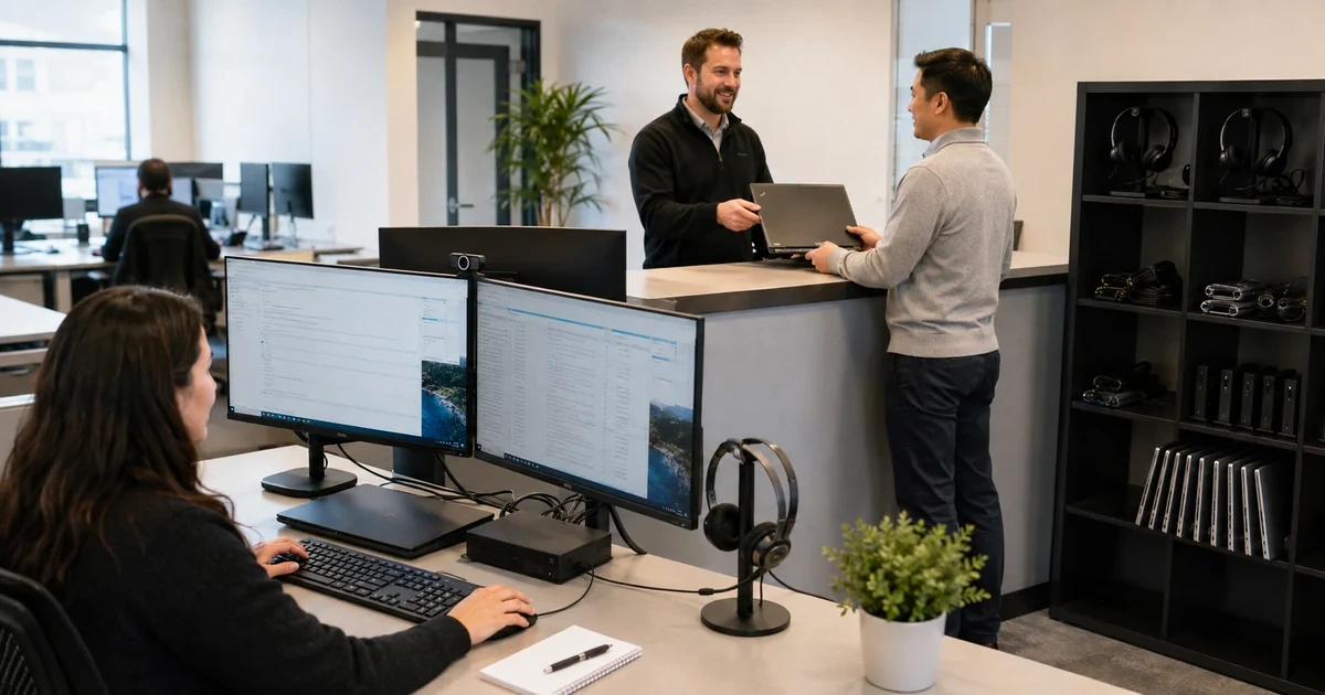 Employee using a standardized dual monitor workstation while IT provides a tested replacement laptop