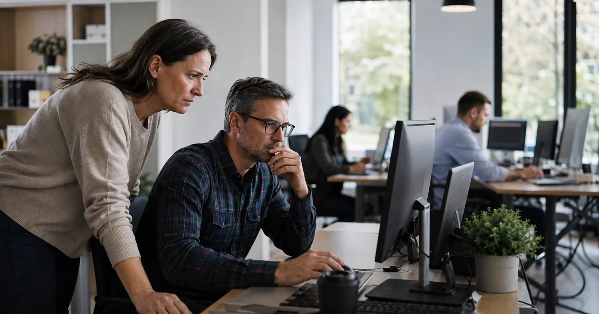 An application support specialist and operations owner troubleshooting connected business systems while staff continue normal work nearby