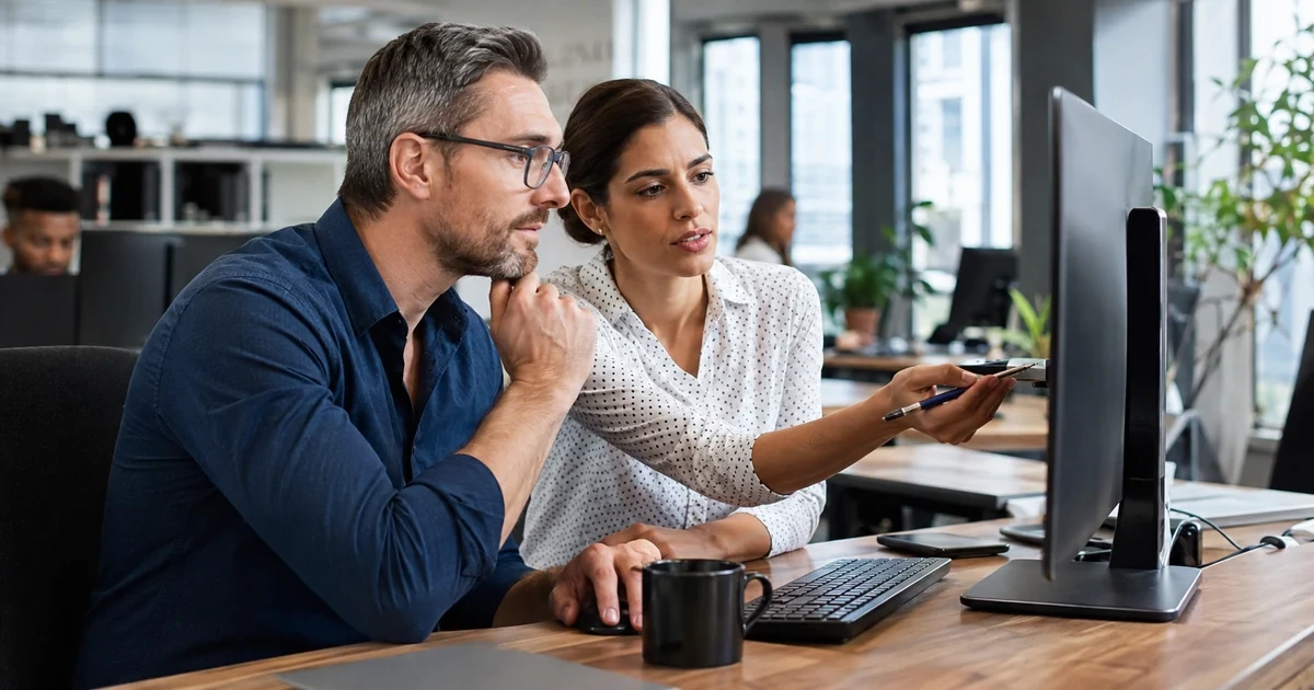 An IT manager and department leader reviewing an application inventory, duplicate subscriptions, abandoned tools, and integration dependencies