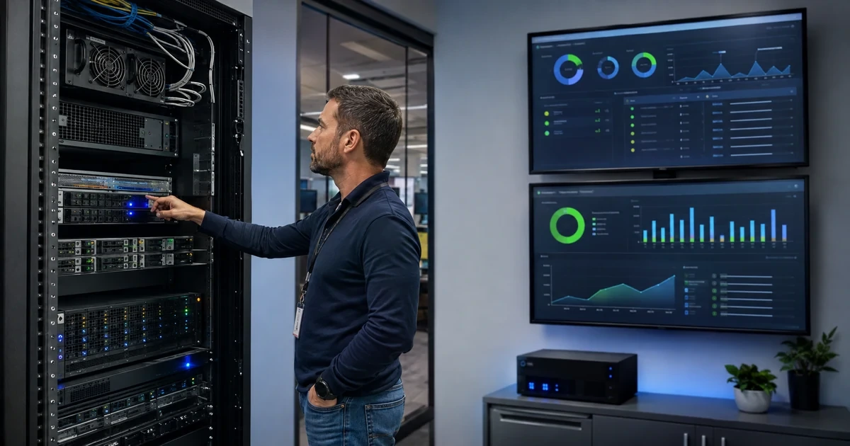 Systems engineer checking server hardware storage monitoring dashboards and backup status