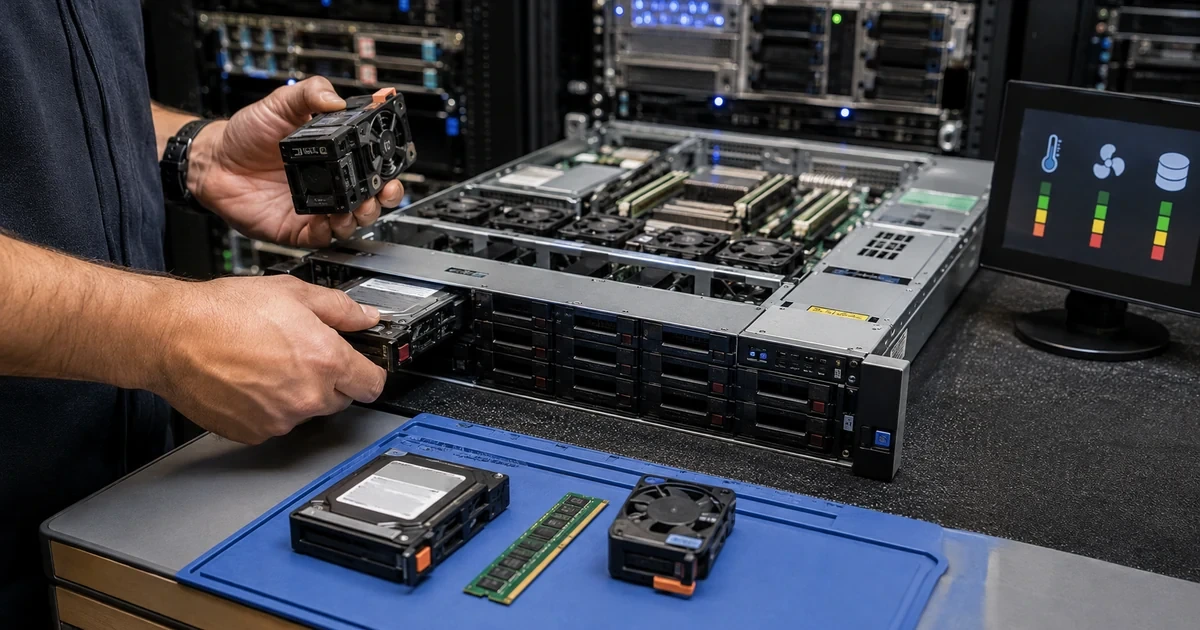 Technician replacing a hot swap server drive and inspecting cooling and memory components