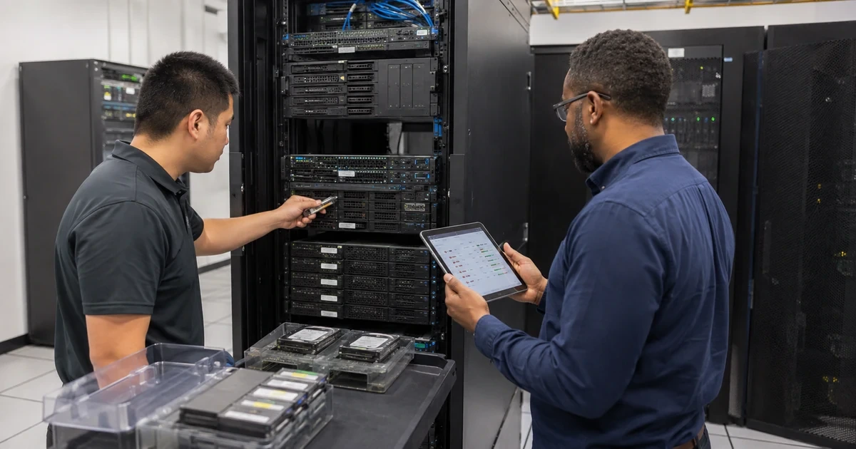 Two IT professionals auditing server health storage assets and operational ownership in a data center